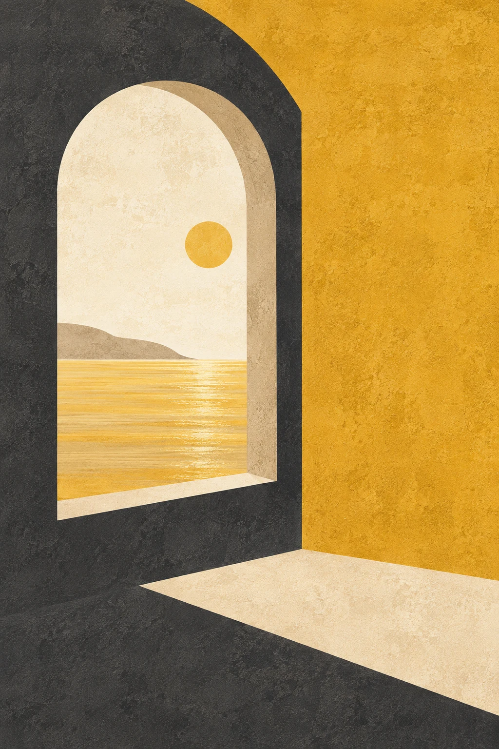 A window frame opening onto a different color in charcoal, yellow, cream, sand; portrait artwork.