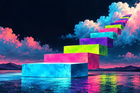 A staircase of color swatches in black, teal, pink, sky blue; landscape artwork.