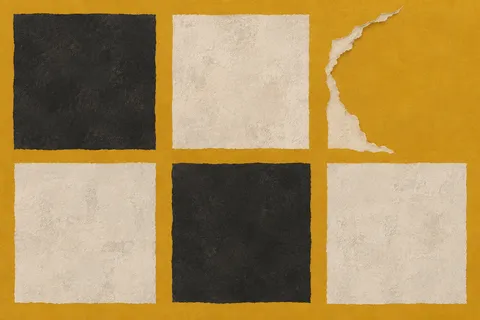 A grid of pasted squares with one torn out in ochre, stone, charcoal, cream; landscape artwork.