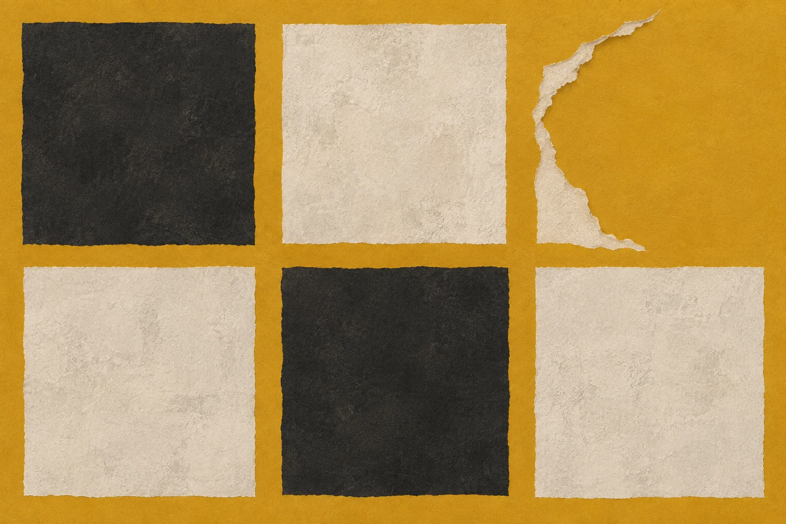 A grid of pasted squares with one torn out in ochre, stone, charcoal, cream; landscape artwork.