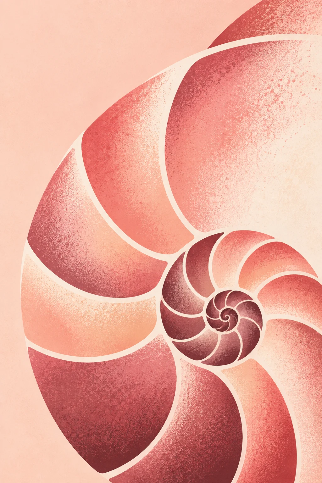 A shell spiral reassembled from cut arcs in cream, blush, pink, terracotta; portrait artwork.