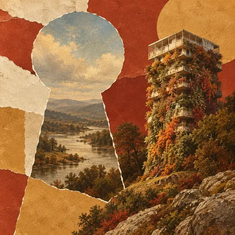 A keyhole of layered fragments in rust, ochre, brown, stone; square artwork.