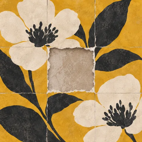 A grid of pasted squares with one torn out in cream, charcoal, ochre, sand; square artwork.