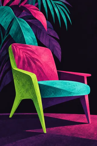 A chair reduced to five cut planes in black, red, sage, charcoal; portrait artwork.