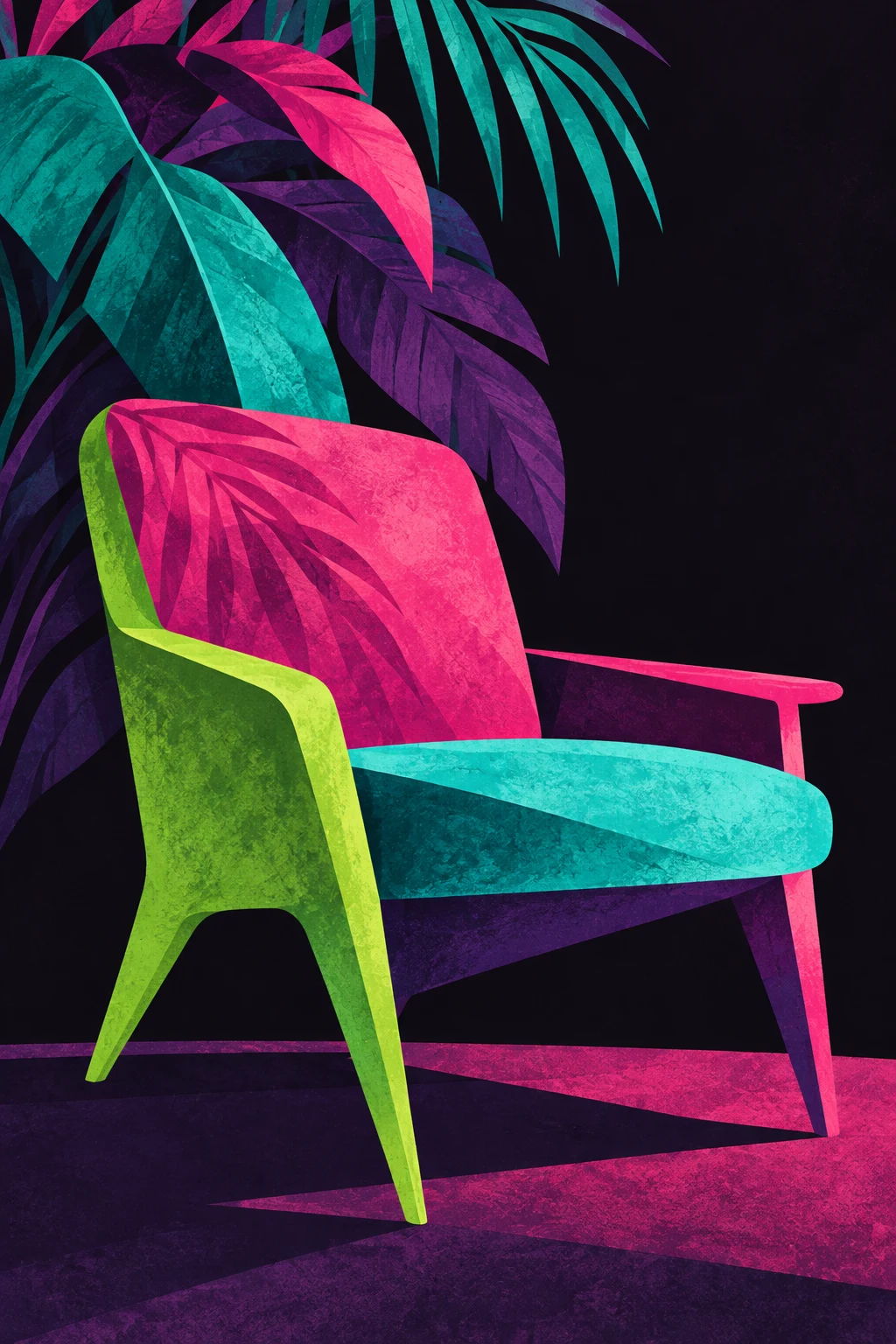 A chair reduced to five cut planes in black, red, sage, charcoal; portrait artwork.