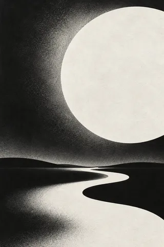 An enormous moon cut from patterned paper in cream, black, charcoal, gray; portrait artwork.