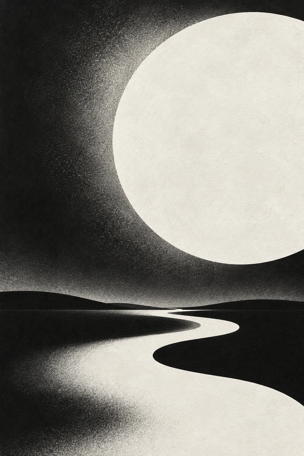 An enormous moon cut from patterned paper in cream, black, charcoal, gray; portrait artwork.