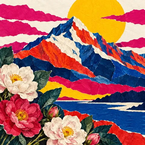 A mountain made of layered paper bands in red, navy, white, yellow; square artwork.