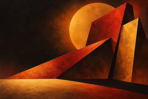 A stack of cut geometric planes casting hard shadows in black, burgundy, rust, red; landscape artwork.