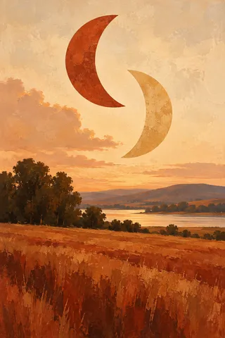 A pair of scissors-cut crescents over a field in rust, cream, blush, burgundy; portrait artwork.