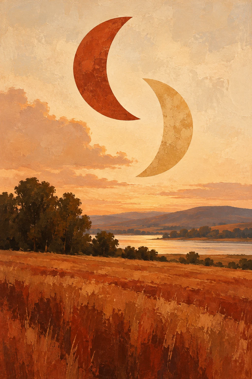 A pair of scissors-cut crescents over a field in rust, cream, blush, burgundy; portrait artwork.