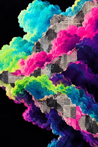 A cloud built from torn newsprint tones in black, stone, pink, teal; portrait artwork.