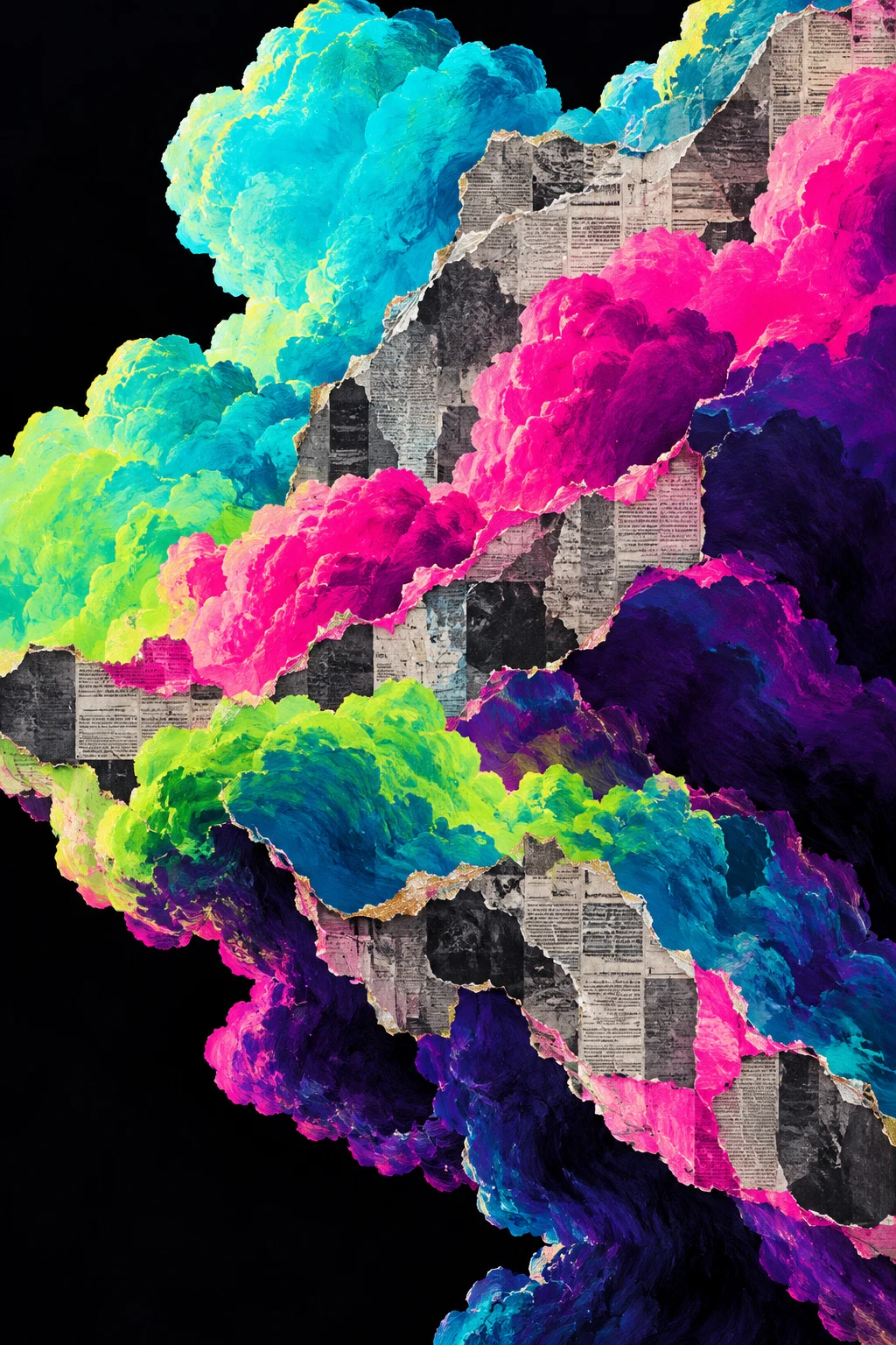 A cloud built from torn newsprint tones in black, stone, pink, teal; portrait artwork.