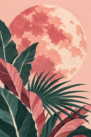 An enormous moon cut from patterned paper in cream, terracotta, blush, charcoal; portrait artwork.