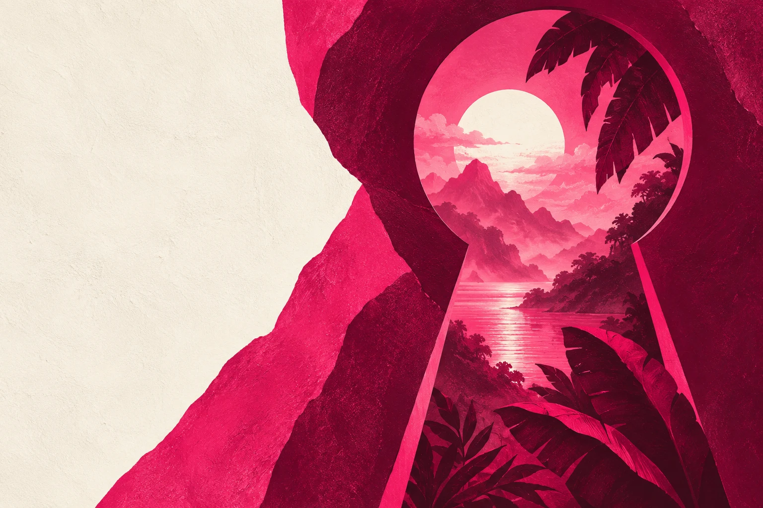 A keyhole of layered fragments in burgundy, white, red, pink; landscape artwork.