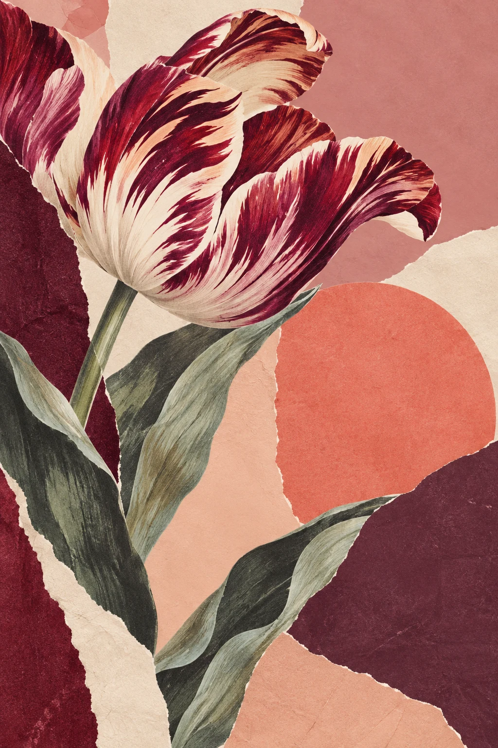 An open book of abstract cut shapes in blush, burgundy, cream, taupe; portrait artwork.