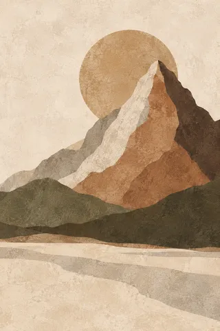 A mountain made of layered paper bands in cream, ochre, brown, sand; portrait artwork.