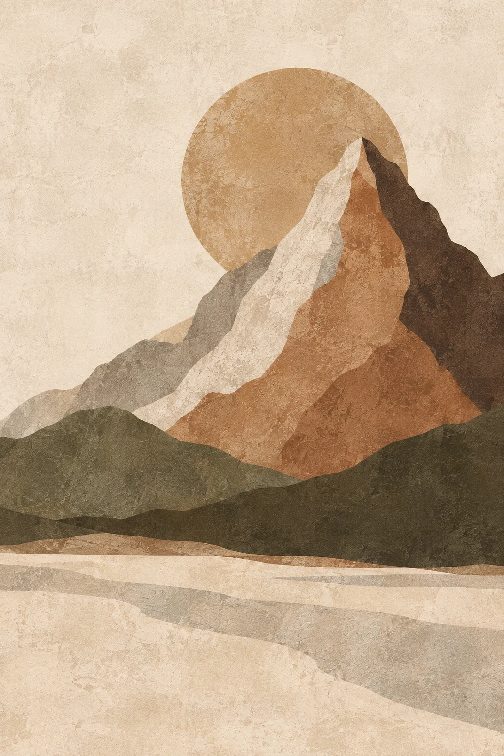 A mountain made of layered paper bands in cream, ochre, brown, sand; portrait artwork.