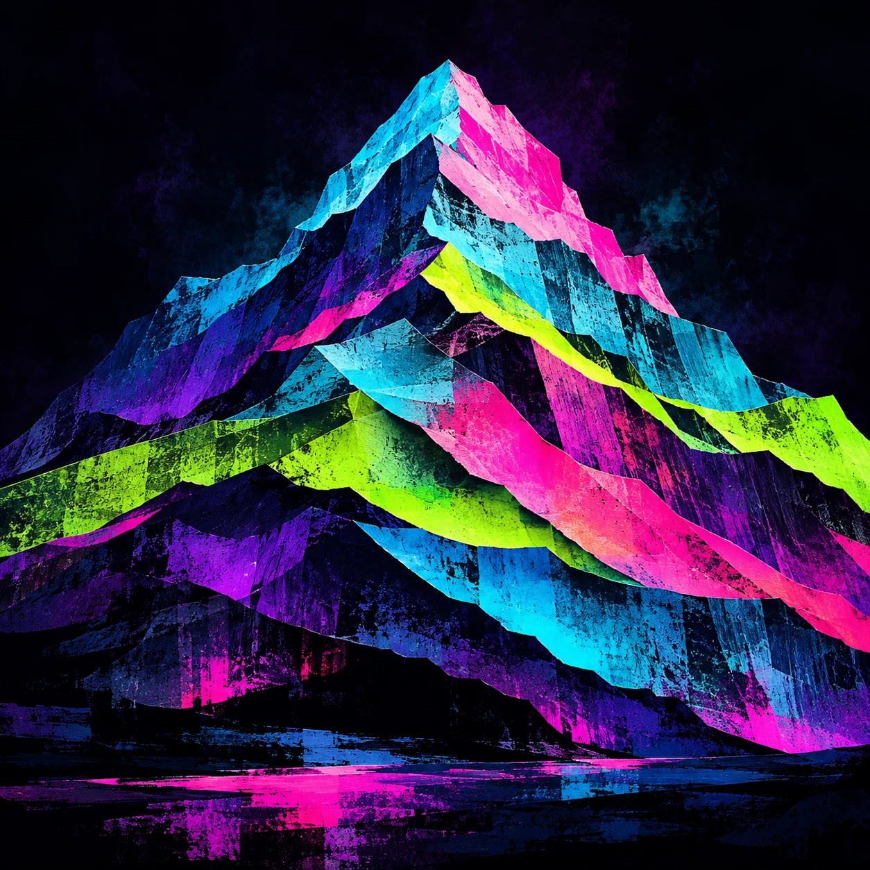 A mountain made of layered paper bands in black, burgundy, sage, purple; square artwork.