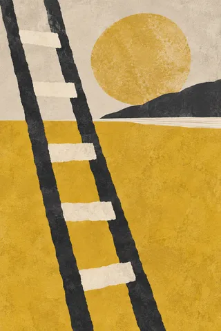 A ladder of pasted strips leaning across the field in sand, cream, charcoal, yellow; portrait artwork.