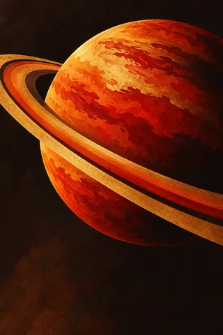 A planet and its ring cut from flat paper in black, red, burgundy, orange; portrait artwork.