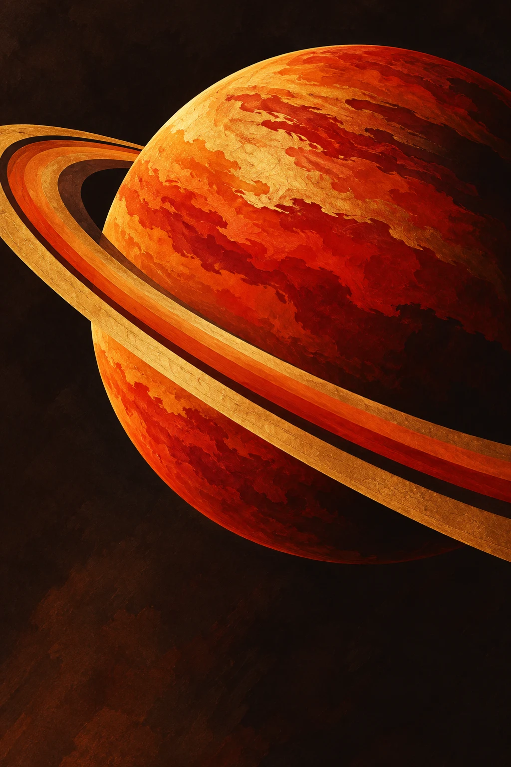 A planet and its ring cut from flat paper in black, red, burgundy, orange; portrait artwork.
