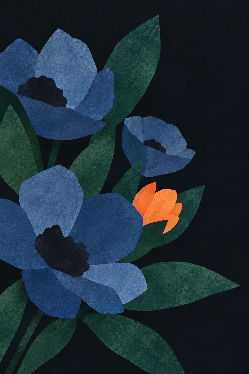 A bouquet of cut paper shapes with no stems in black, navy, blue; portrait artwork.