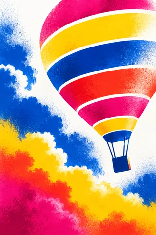 A hot-air balloon of stacked cut bands in red, white, blue, yellow; portrait artwork.