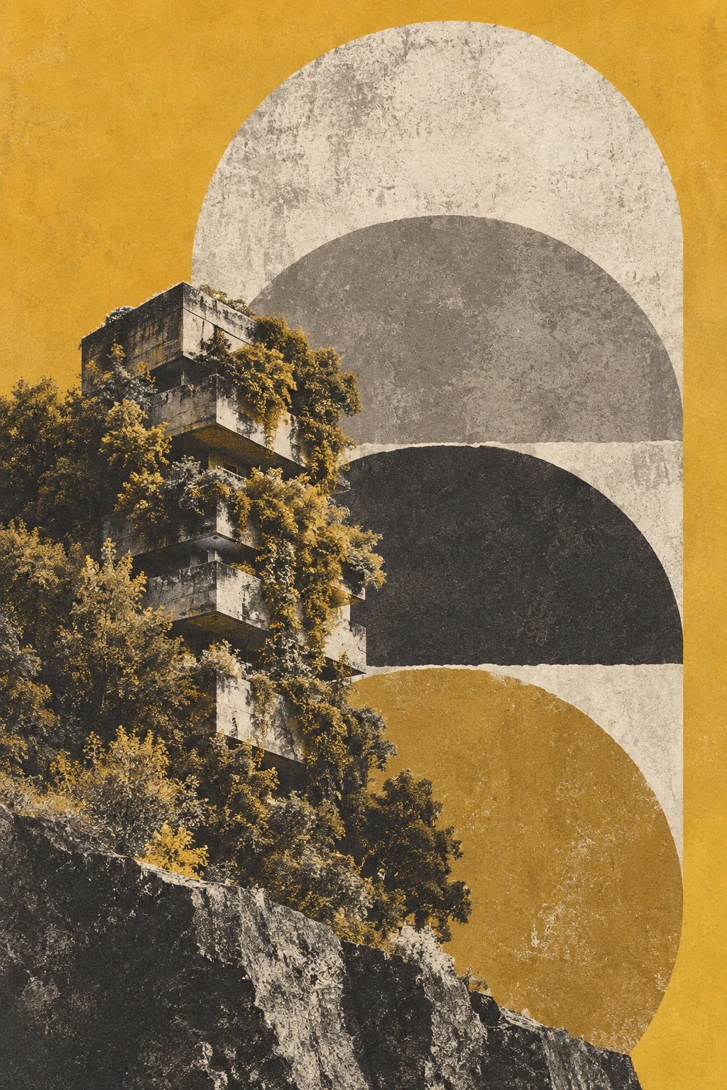 An arch of stacked half-circles in charcoal, taupe, stone, ochre; portrait artwork.