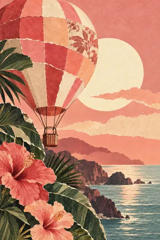 A hot-air balloon of stacked cut bands in blush, orange, charcoal, cream; portrait artwork.