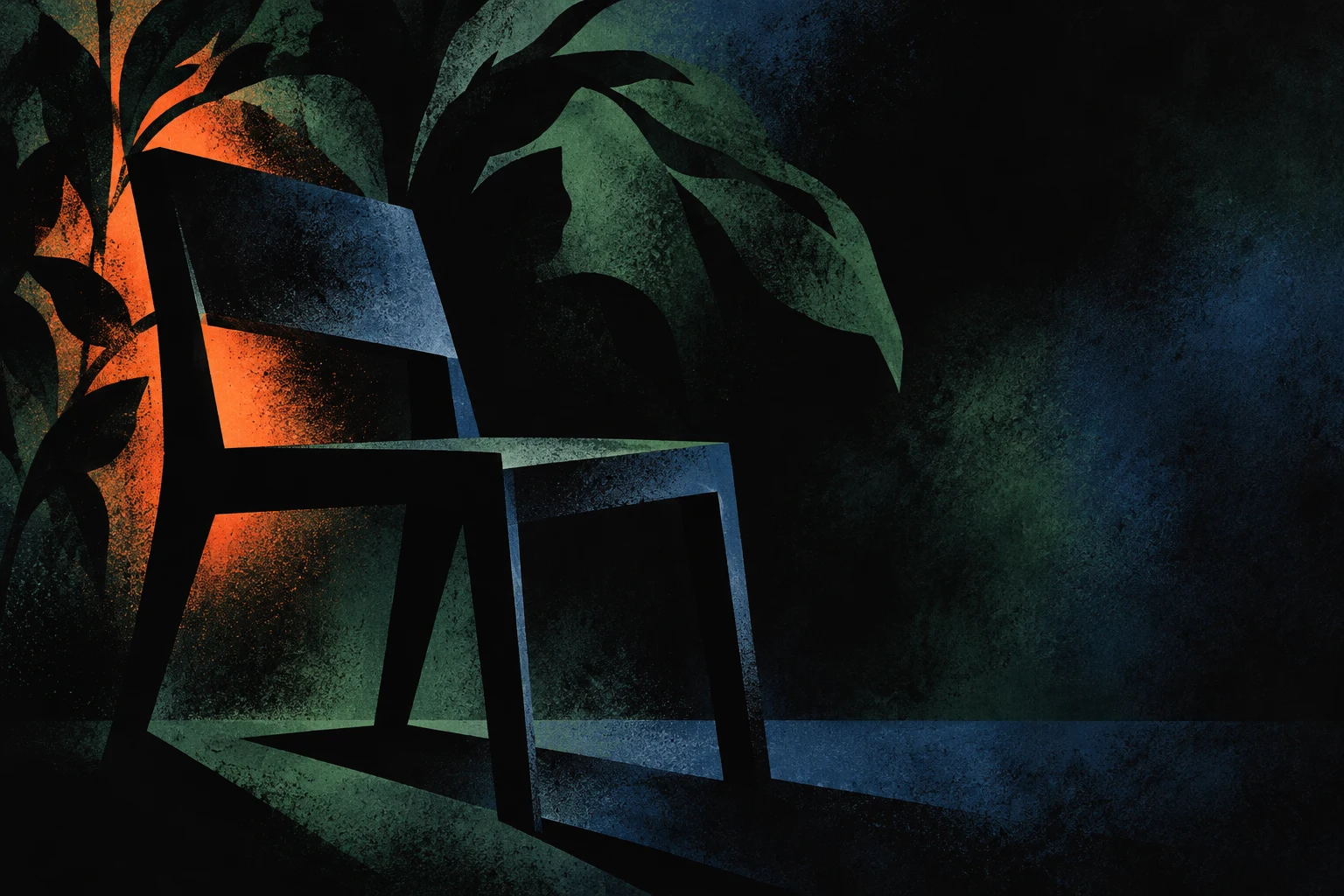A chair reduced to five cut planes in black, charcoal; landscape artwork.