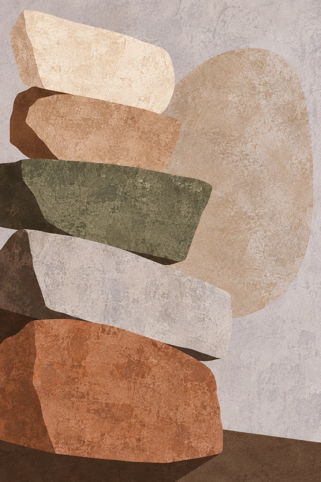 A tower of stacked paper slabs in stone, sand, taupe, brown; portrait artwork.