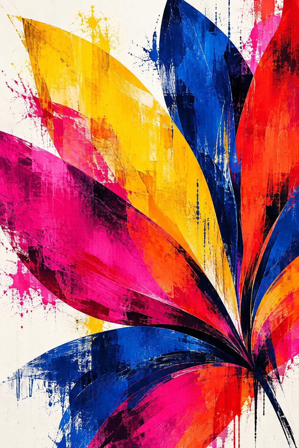 A fan of overlapping cut petals in red, white, navy, orange; portrait artwork.