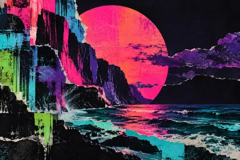 A sun disc overlapping a torn sea in black, red, navy, sage; landscape artwork.