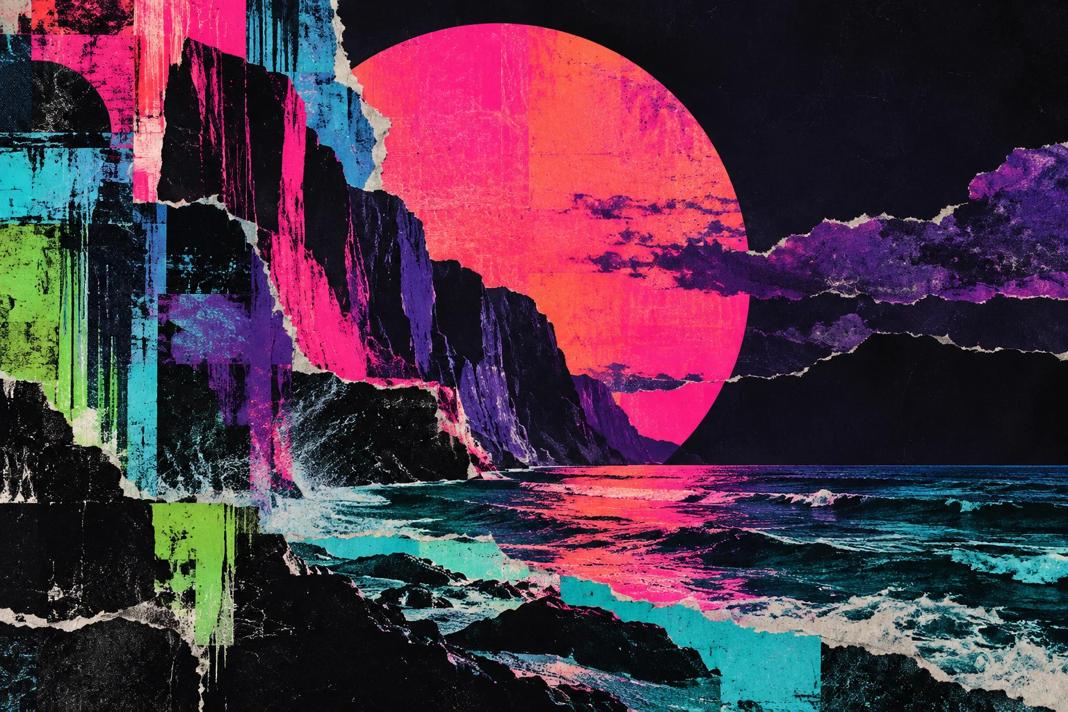 A sun disc overlapping a torn sea in black, red, navy, sage; landscape artwork.