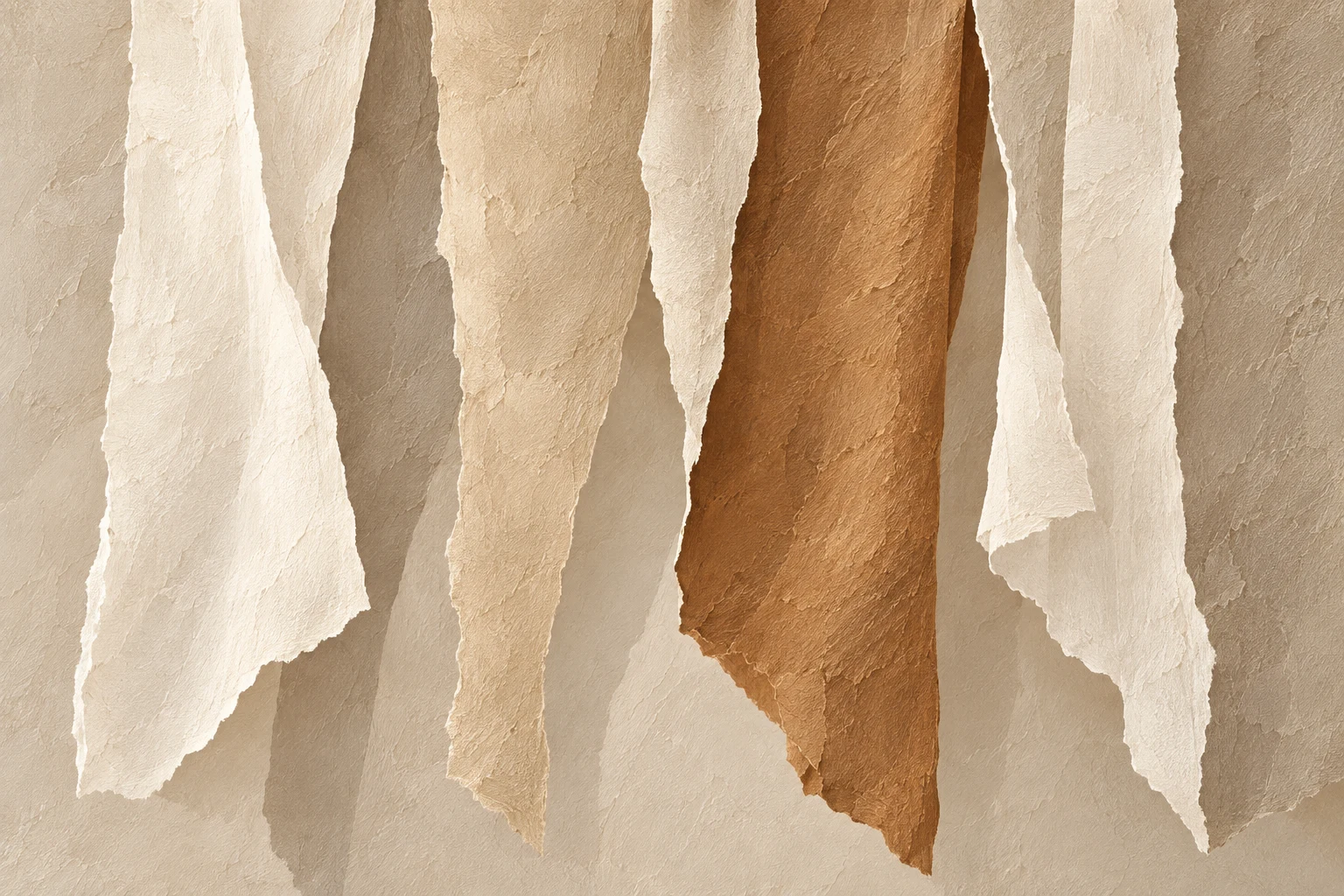 A curtain of hanging torn strips in stone, sand, cream, taupe; landscape artwork.