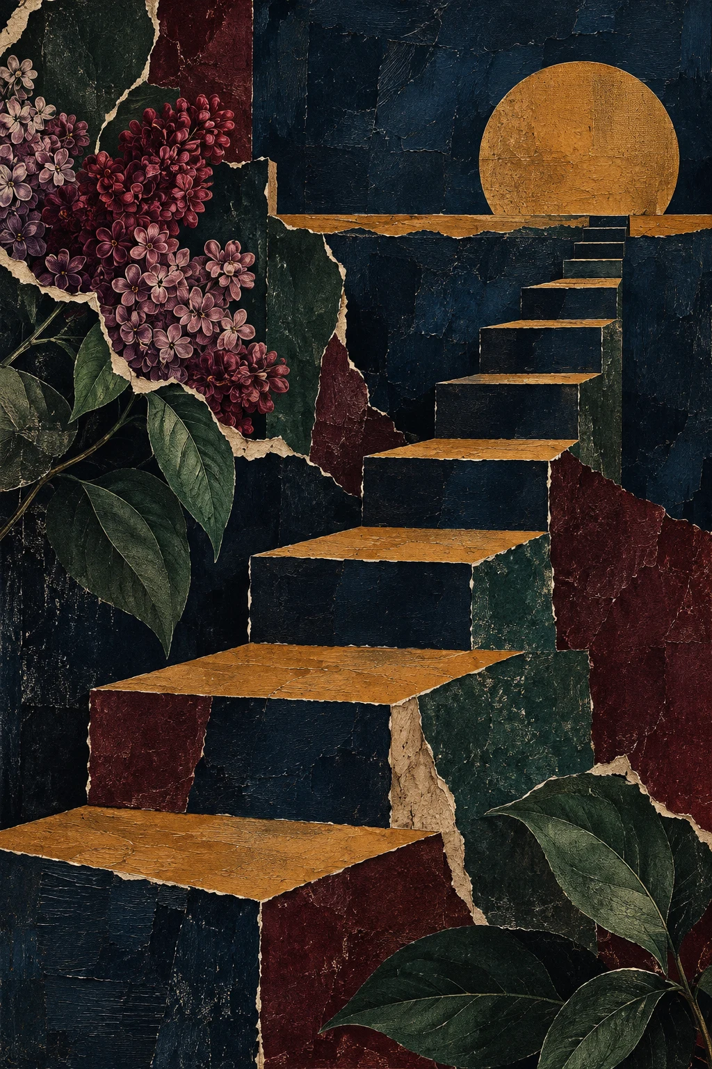 A staircase of pasted rectangles going nowhere in black, terracotta, charcoal; portrait artwork.