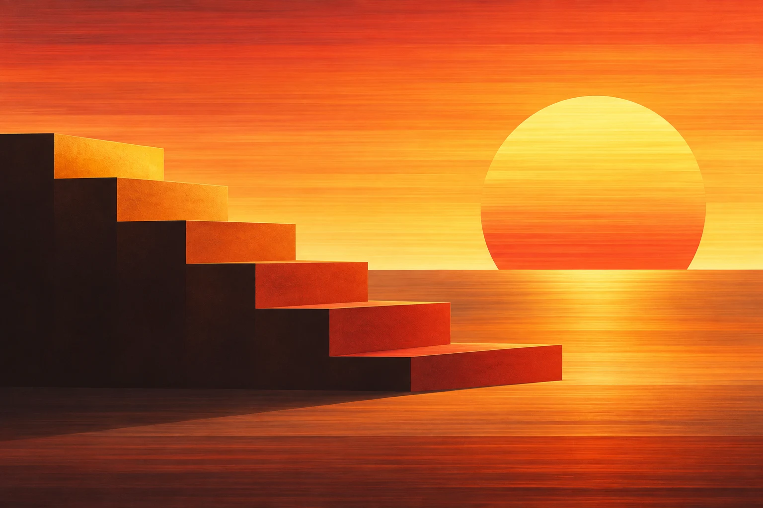 A staircase of color swatches in orange, black, rust, yellow; landscape artwork.