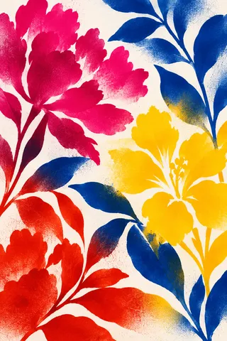 Cut leaf shapes pinned over a flat wash in red, white, navy, yellow; portrait artwork.