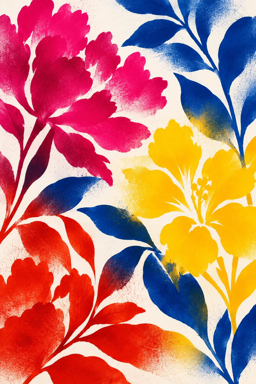 Cut leaf shapes pinned over a flat wash in red, white, navy, yellow; portrait artwork.