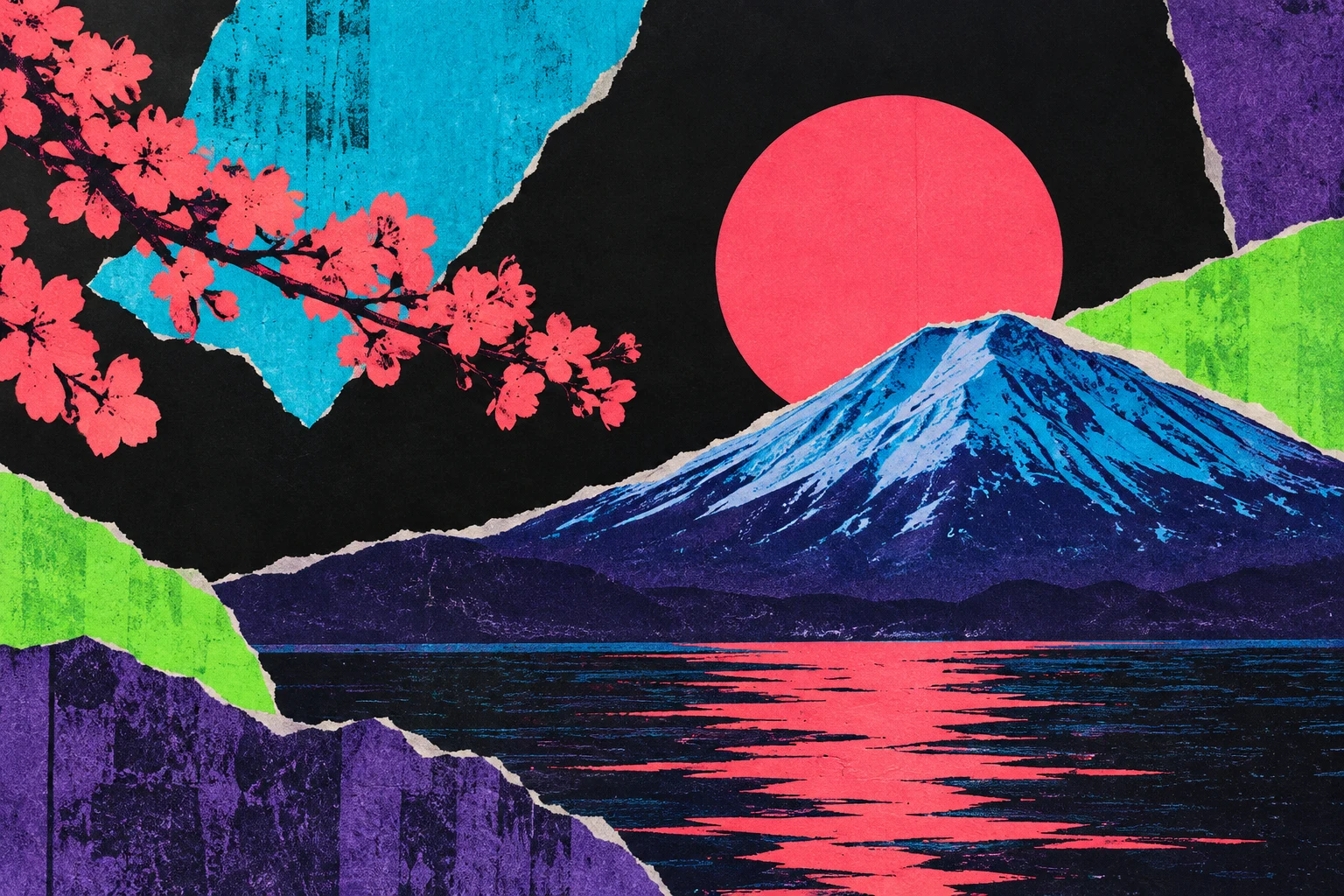 An open book of abstract cut shapes in black, pink, sage, charcoal; landscape artwork.
