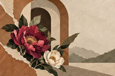 An archway of nested cut arcs in stone, terracotta, cream, black; landscape artwork.