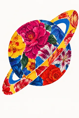 A planet and its ring cut from flat paper in white, red, sand; portrait artwork.