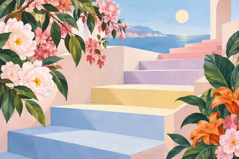 A staircase of color swatches in cream, sky blue, green, ochre; landscape artwork.