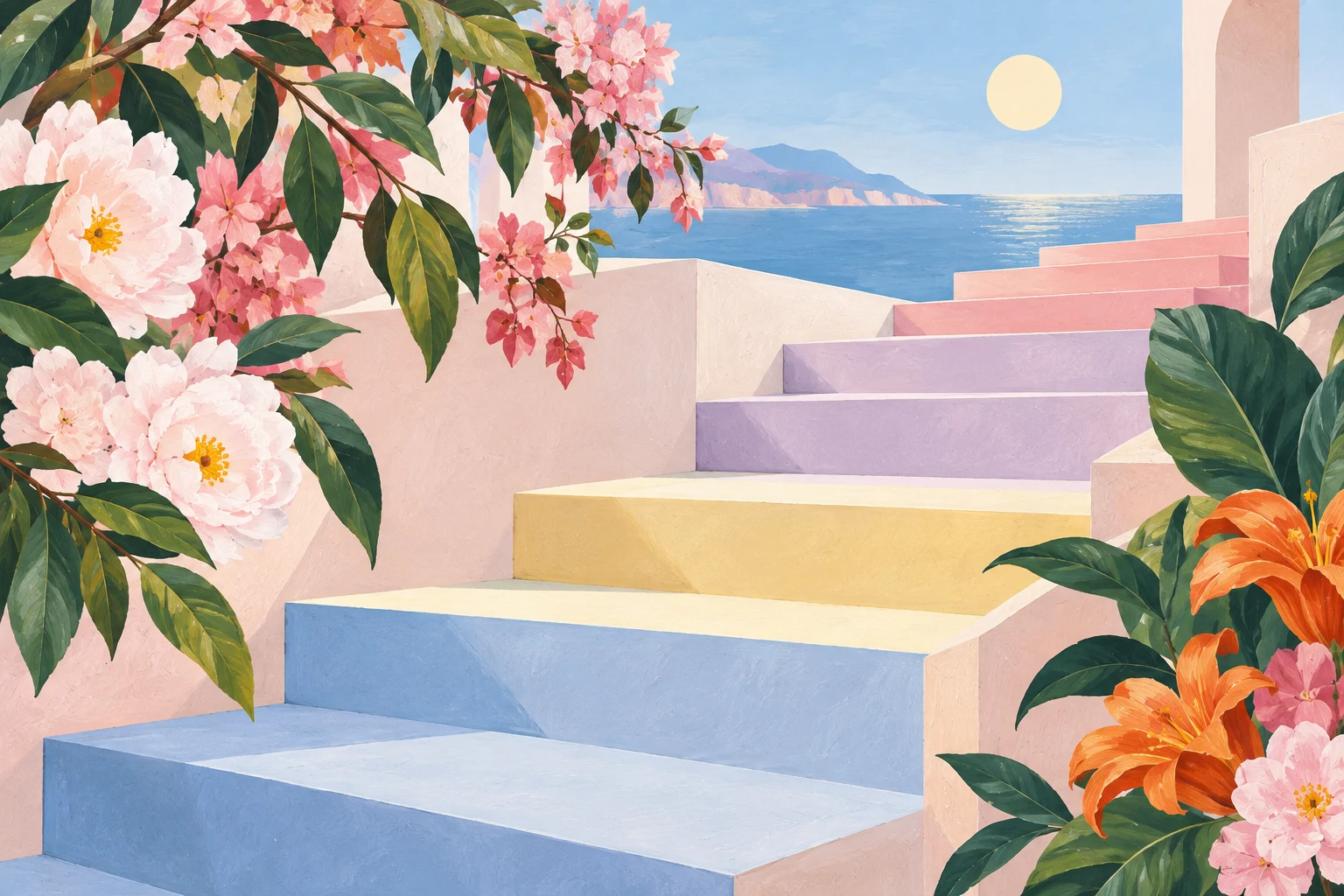 A staircase of color swatches in cream, sky blue, green, ochre; landscape artwork.