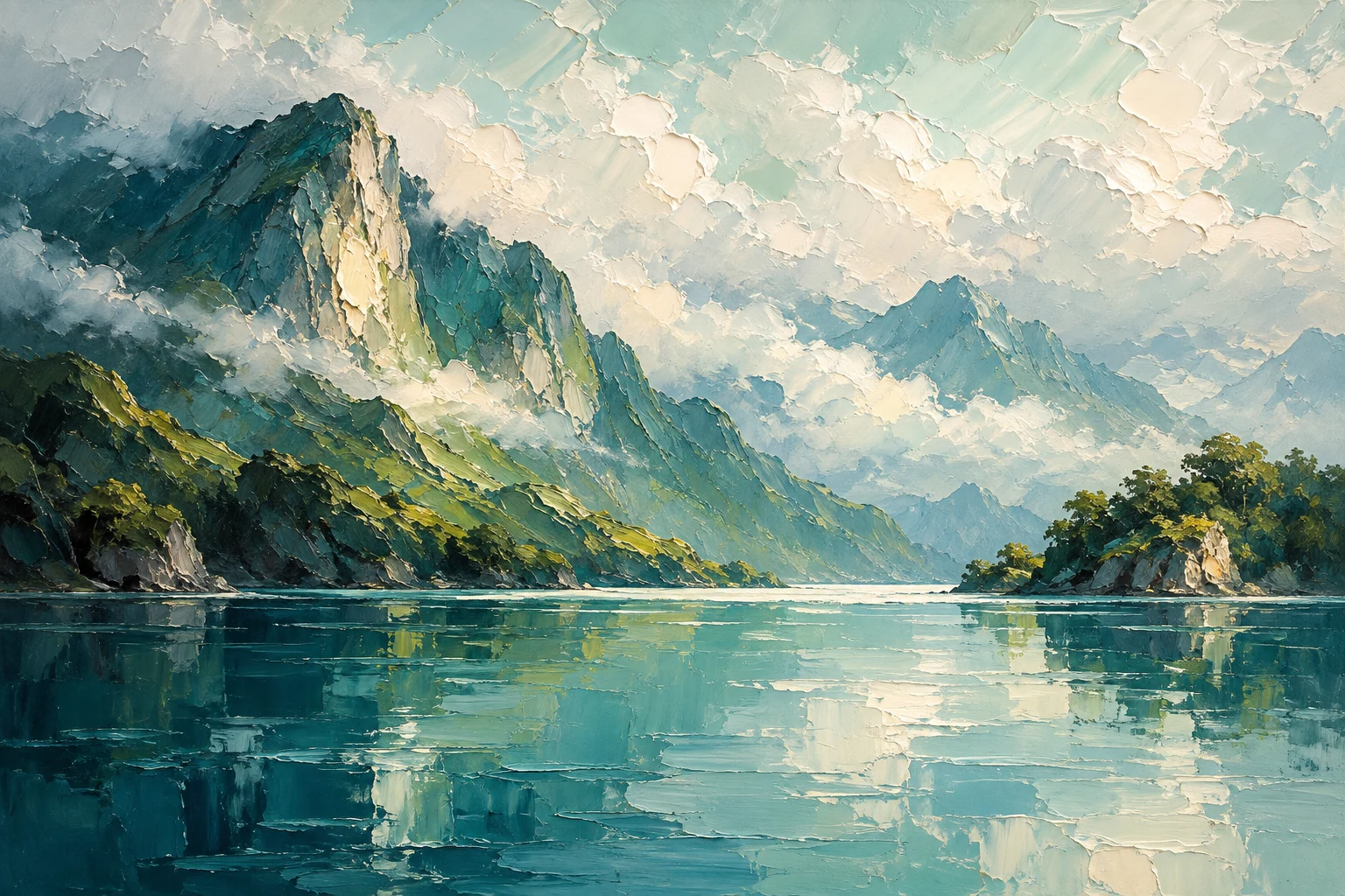 A volcanic slope under low cloud in cream, stone, green, navy; landscape artwork.
