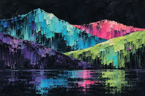 Rolling hills reduced to four flat curves in black, navy, sage, blue; landscape artwork.