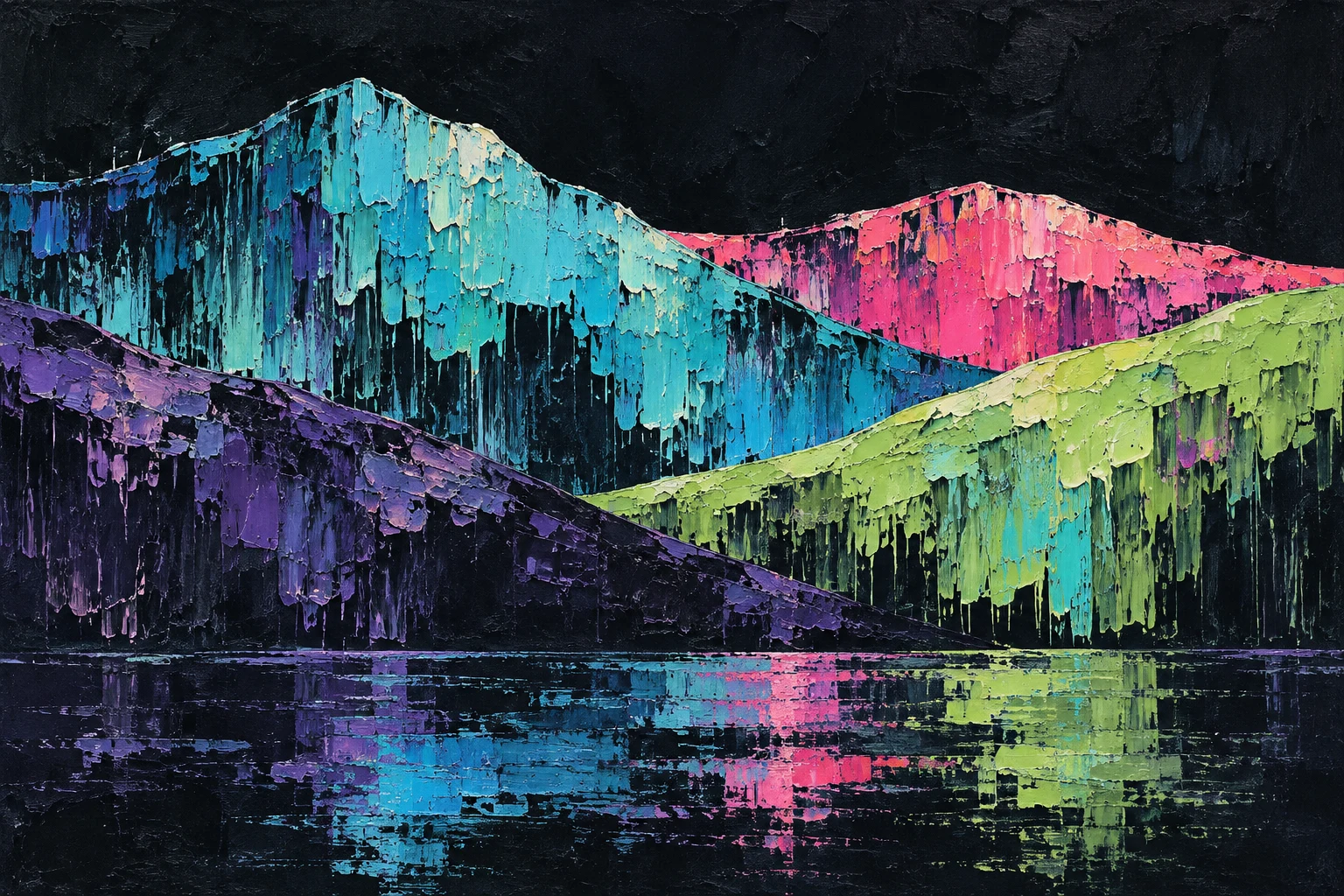 Rolling hills reduced to four flat curves in black, navy, sage, blue; landscape artwork.
