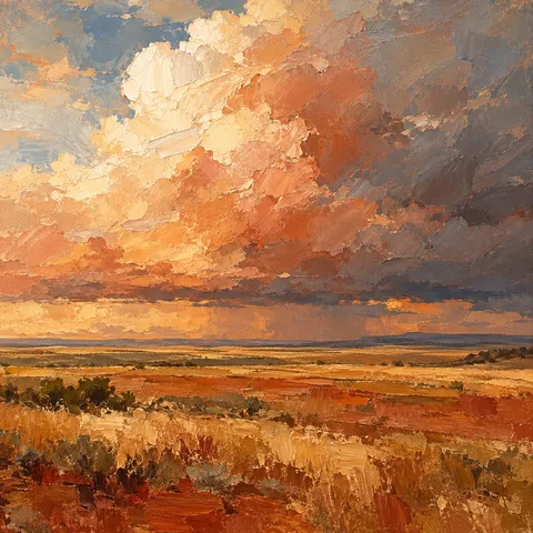 A prairie under a towering cloud bank in terracotta, rust, olive, orange; square artwork.