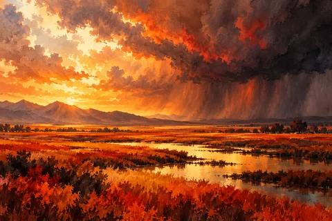 A wide plain with a distant storm wall in burgundy, orange, black, terracotta; landscape artwork.